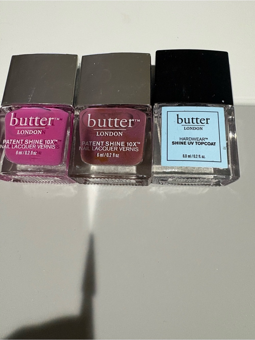 butter LONDON Trio Patent Shine 10X Pink & Berry with Clear Topcoat